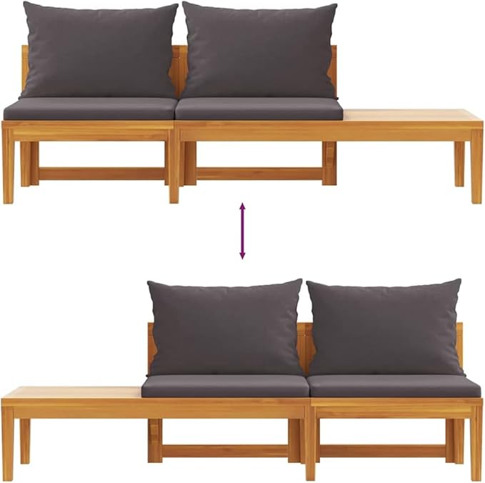 Garden Bench with Table Dark Grey Natural Wood Solid Acacia Wood Plush Cushions Reversible Table Orientation Easy Maintenance Outdoor Seating Furniture
