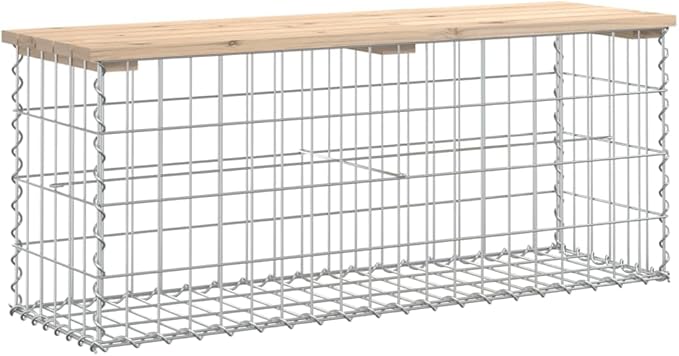 Garden Bench Natural Wood Silver Solid Pine Wood Galvanized Steel Gabion Design Outdoor Furniture Rustic Seating for Balcony or Garden Space Comfortable for Two Individuals