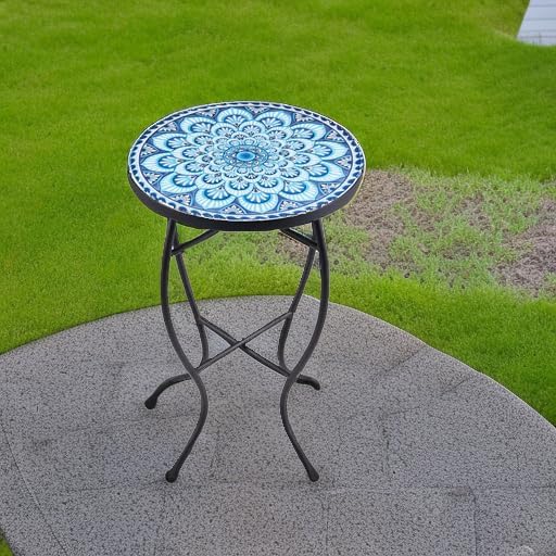 VONLUCE Mosaic Side Table and Plant Stand, 21" Round End Table with 14" Ceramic Tile Top, Indoor & Outdoor Accent Table, Porch Patio Furniture, Entryway & Coffee Table for Home & Garden, Blue Mandala