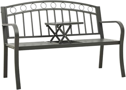 Grey Powder-Coated Steel Garden Bench with Table Medium Durable Outdoor Seating for Patio and Backyard Relaxation