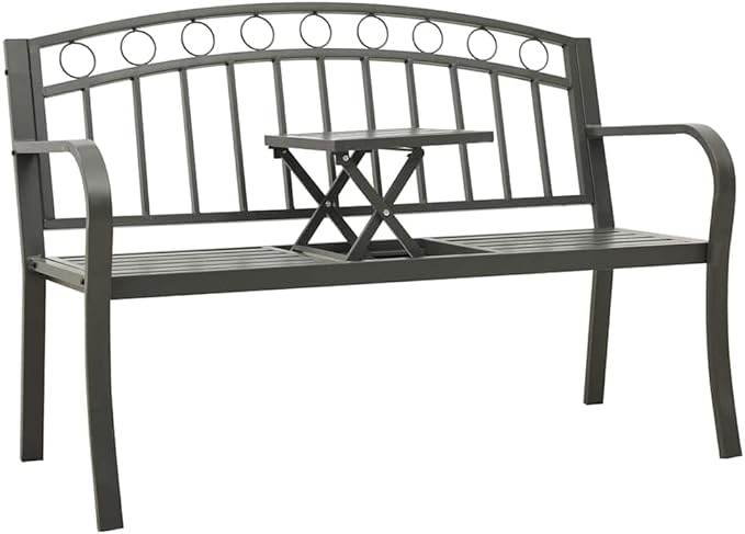 Garden Bench with Table Grey Powder-Coated Steel Medium Durable Outdoor Furniture for Patio Seating