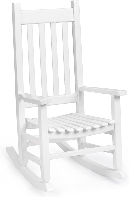 Outvita Wood Children's Rocking Chair, Perfect for Indoor or Outdoor All-Weather Wooden Porch Rocker for Garden, Yard, and Balcony, Patio Rocking Chair Suitable for Kids Ages 6-10(White)