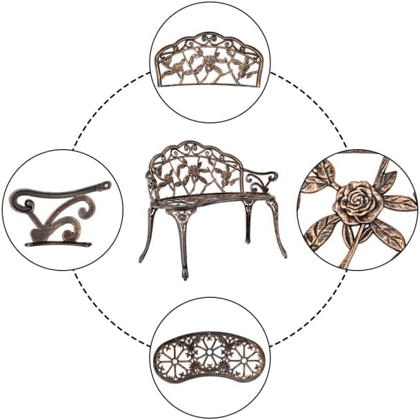 38.5" Outdoor Garden Bench, Patio Furniture Cast Aluminum Outdoor Bench with Rose Backrest - Photo 4
