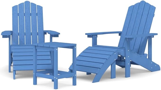 Coastal Adirondack Chair Set, Aqua Blue HDPE Plastic, 2 Chairs 2 Footstools 1 Table, Outdoor Garden Patio Deck Furniture, Weather-Resistant