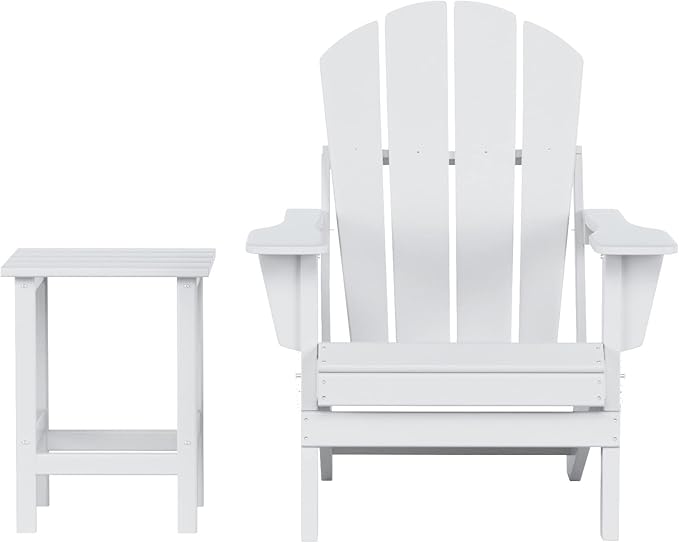 WestinTrends Malibu 2-Pieces Adirondack Chair Set with Side Table, All Weather Outdoor Seating Plastic Patio Lawn Chair Folding for Outside Porch Deck Backyard, White