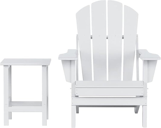 WestinTrends Malibu 2-Pieces Adirondack Chair Set with Side Table, All Weather Outdoor Seating Plastic Patio Lawn Chair Folding for Outside Porch Deck Backyard, White