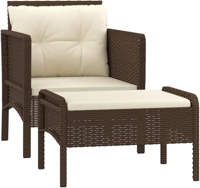 2-Piece Patio Lounge Set with Cushions Brown Poly Rattan Outdoor Furniture Set for Garden Balcony Porch - Photo 2