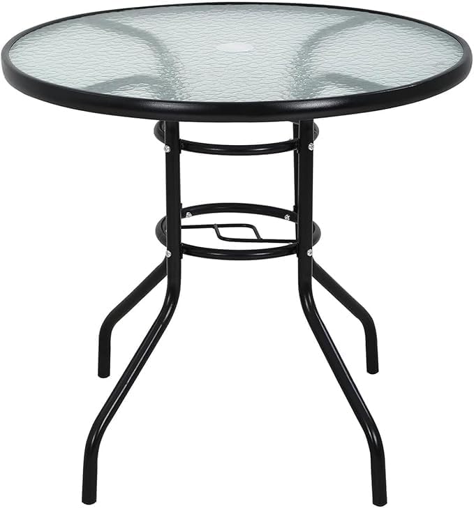 32in Outdoor Table Patio Dining Table Outdoor Dining Table with Umbrella Hole Round Tempered Glass for Yard Bistro Lawn Balcony (Black, Round 31x31x28in)