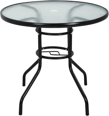 32in Outdoor Table Patio Dining Table Outdoor Dining Table with Umbrella Hole Round Tempered Glass for Yard Bistro Lawn Balcony (Black, Round 31x31x28in)