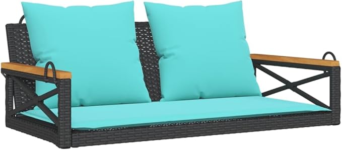 Black and Blue Patio Swing Bench with Cushions, Outdoor Furniture for Garden Balcony, Durable PE Rattan and Metal Frame - Photo 3