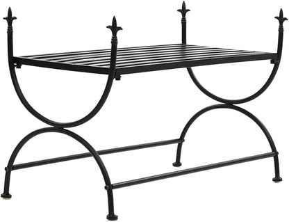 Vintage Black Metal Garden Bench with Decorative Inlays, Durable Wrought Iron Rectangular Bench for Outdoor Patio and Indoor Entryway, Spacious Seating for Two Adults,