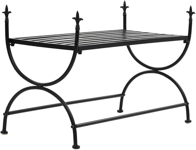 Vintage Black Metal Garden Bench with Decorative Inlays, Rectangular Design for Indoor and Outdoor Use, Durable Wrought Iron Construction, Spacious Seating for Two Adults,