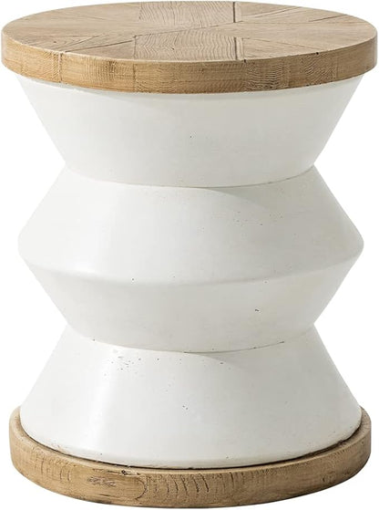 HOMPUS Outdoor Concrete Side Table w Wood Grain Tabletop, Modern Vintage MgO Patio End Table, Lightweight Unique Small Accent Table for Indoor Outdoor Use, Garden, Deck, Poolside, White