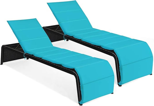 Tangkula Outdoor Chaise Lounge Chair, 5-Position Adjustable Rattan Recliner Chair w/Cushioned Seating and Adjustable Feet, Multifunctional Couch Furniture for Garden, Patio, Poolside (2, Turquoise)