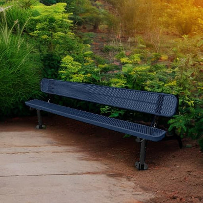 COATEDOUTDOORFURNITURE Coated Outdoor Furniture Heavy-Duty Outdoor Bench Thermoplastic Coated, Expanded Metal, Commercial-Grade Seating, Made in America (Surface with Back, 8 Ft, Textured Dark Blue)