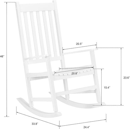 Solid Wood Outdoor Rocking Chair with Natural Finish, Classic Design Patio Rocker for Porch, Garden or Backyard, Comfortable & Durable Handcrafted Furniture, 24.4" W x 33.9" D x 46.1" H White