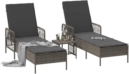 3 Piece Grey Poly Rattan Sun Lounger Set with Adjustable Backrest 78.74 x 21.65 x 36.22 in Modern Patio Lounge Chairs Outdoor Chaise for Garden Poolside Terrace