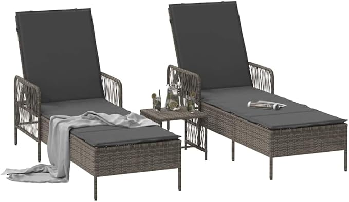 Gray Poly Rattan Sun Lounger Set 2 pcs w Table, 13.8" x 13.8" x 12.6" - Photo 3