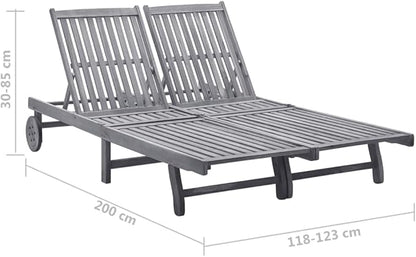 Outdoor 2-Person Sun Lounger with Cushions, Solid Acacia Wood Patio Chaise Lounge, Adjustable Multi-Position Backrest & Wheels for Garden, Poolside, Terrace Relaxation