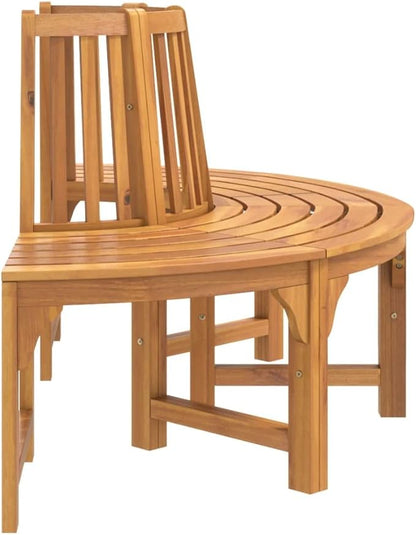 Half Round Tree Bench 63 inch Solid Wood Eucalyptus Outdoor Patio Furniture with Backrest for Garden Yard Landscape Seating Wraparound Design
