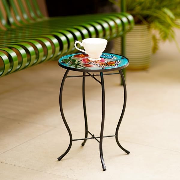 13.5 Inch Round Butterfly Glass Side Table, Patio Small Table, Outdoor Side Table, Outdoor Bar Table - Photo 5