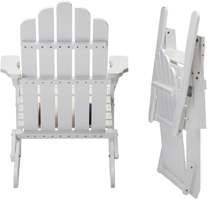 DJL Folding Adirondack Chairs Set of 2 Outdoor Wood Fire Pit Chair with Cushion for Lawn & Lawn, White