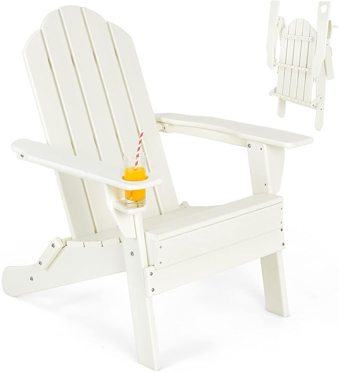 Giantex Adirondack Chair Outdoor Folding Chairs, HDPE Weather Resistant Patio Chair with Built-in Cup Holder Lawn Chair for Patio, Backyard, Balcony, Deck Outside Plastic Fire Pit Chair(1, White)