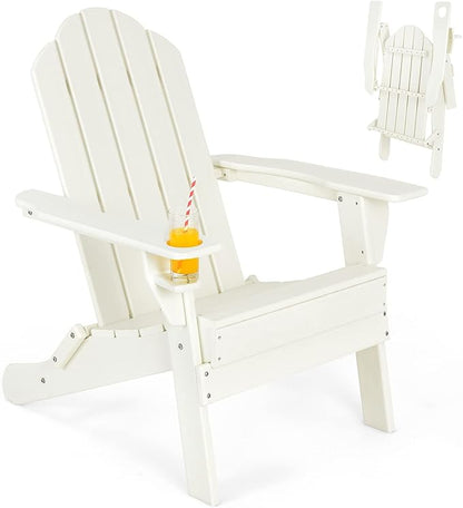 Giantex Adirondack Chair Outdoor Folding Chairs, HDPE Weather Resistant Patio Chair with Built-in Cup Holder Lawn Chair for Patio, Backyard, Balcony, Deck Outside Plastic Fire Pit Chair(1, White)
