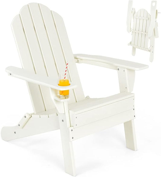 Giantex Adirondack Chair Outdoor Folding Chairs, HDPE Weather Resistant Patio Chair with Built-in Cup Holder Lawn Chair for Patio, Backyard, Balcony, Deck Outside Plastic Fire Pit Chair(1, White)