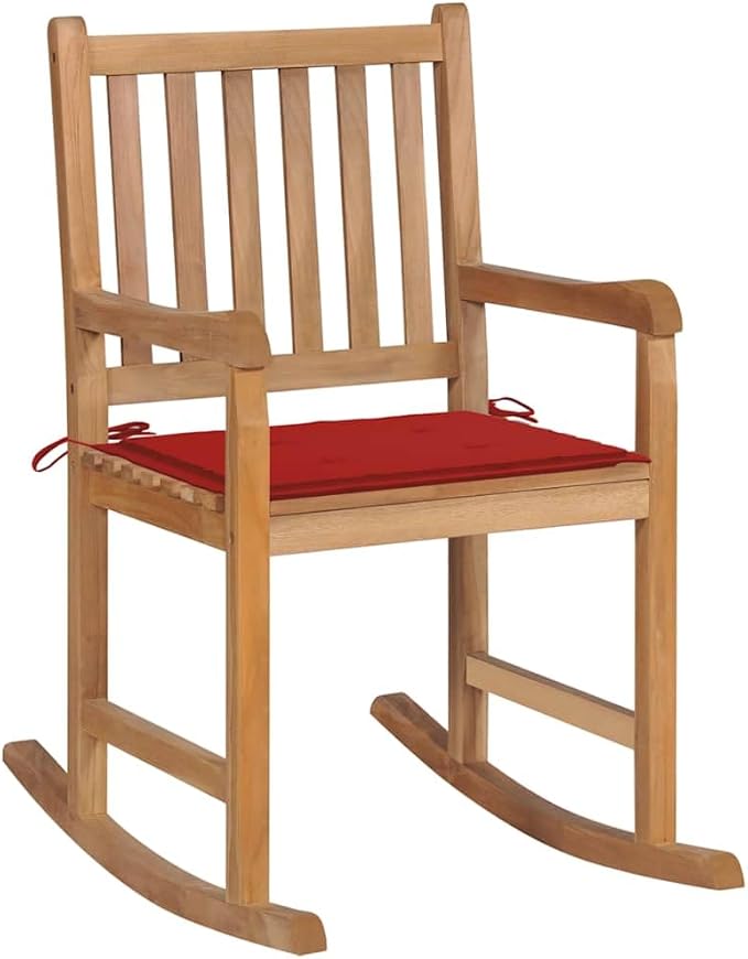 Rocking Chair with Red Cushion Solid Teak Wood Outdoor Patio Rocker 43"x28"x36" Durable Garden Lounge Seat for Balcony Deck Porch