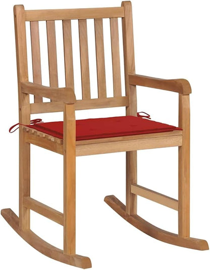 Rocking Chair with Red Cushion Solid Teak Wood Outdoor Patio Rocker 43"x28"x36" Durable Garden Lounge Seat for Balcony Deck Porch
