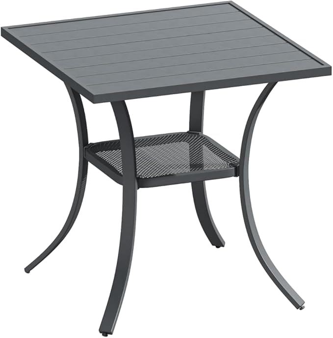 DIFY 27.6" Small Square Outdoor Dining Table for 2, Slatted Metal Patio Table with Storage Shelf, All-Weather Patio Dining Table for Garden Backyard Deck, Grey Tabletop