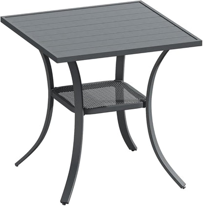 DIFY 27.6" Small Square Outdoor Dining Table for 2, Slatted Metal Patio Table with Storage Shelf, All-Weather Patio Dining Table for Garden Backyard Deck, Grey Tabletop