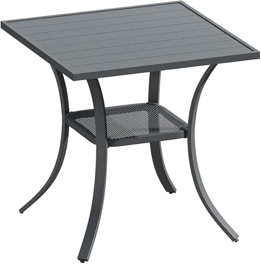 DIFY 27.6" Small Square Outdoor Dining Table for 2, Slatted Metal Patio Table with Storage Shelf, All-Weather Patio Dining Table for Garden Backyard Deck, Grey Tabletop