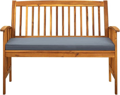 Patio Bench with Cushion,Park Wooden Bench,Garden Bench,Balcony Bench,Outdoor Furniture,Picnic Bench, for The Front Porch,Deck, Balcony or Backyard,46.9" Solid Acacia Wood