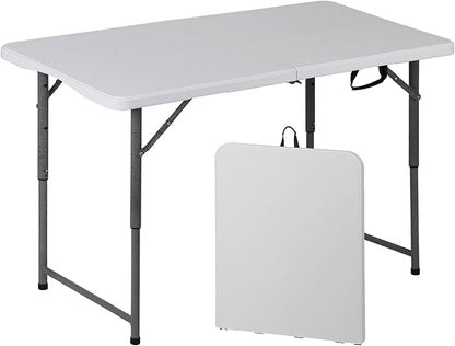 SUPER DEAL Portable 4 Foot Plastic Folding Table, Indoor Outdoor Heavy Duty Fold-in-Half Picnic Party Camping Barbecues Table with Carrying Handle, White