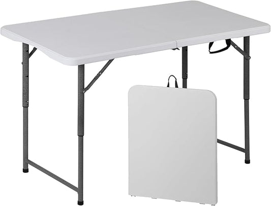 SUPER DEAL Portable 4 Foot Plastic Folding Table, Indoor Outdoor Heavy Duty Fold-in-Half Picnic Party Camping Barbecues Table with Carrying Handle, White