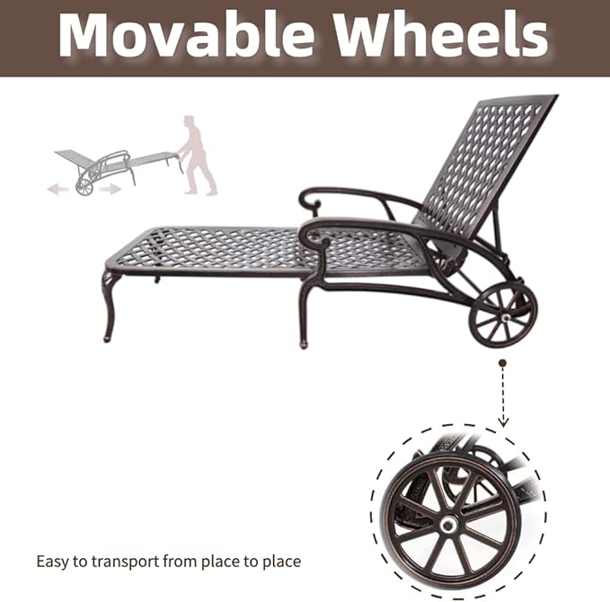 Chaise Outdoor Aluminum Lounge Chair with Wheels, 3-Position Adjustable Recliner Furniture Set for Poolside, Backyard and Patio (1pc, Antique Bronze)