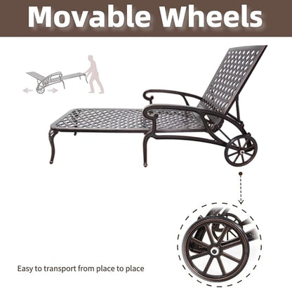 Chaise Outdoor Aluminum Lounge Chair with Wheels, 3-Position Adjustable Recliner Furniture Set for Poolside, Backyard and Patio (1pc, Antique Bronze)
