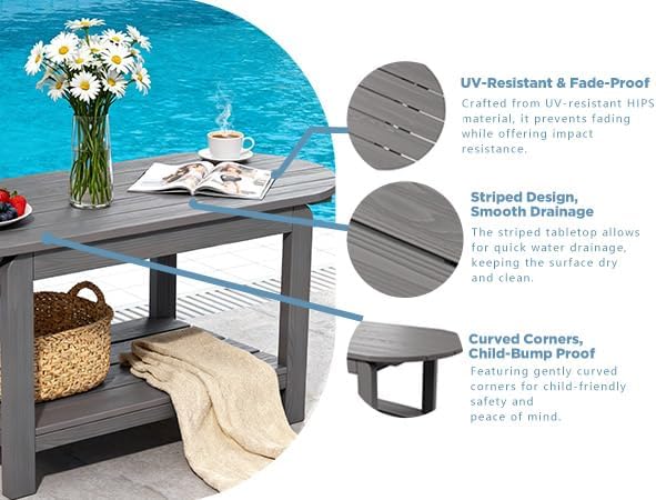 HIPS Coffee Table with Rounded Curved Sides Indoor Outdoor, Rustic Wood Desktop Easy Assembly Farmhouse Style, Suitable for Home Office Use. (Grey)