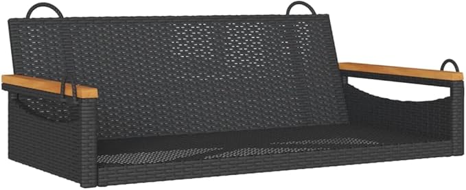 Black PE Rattan Swing Bench with Powder-Coated Steel Frame and Solid Acacia Wood, Outdoor Patio Furniture for Relaxing, Durable Weather-Resistant Hanging Seat for Garden
