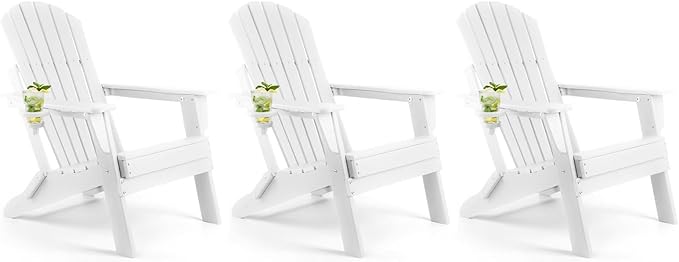 FUNBERRY Folding Adirondack Chair Set of 3, All Weather HDPE Fire Pit Chairs with Cup Holder for Outdoor - Photo 1