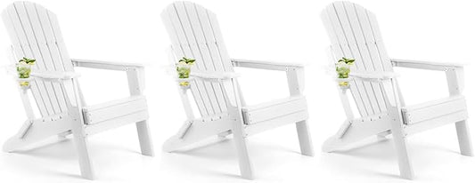 FUNBERRY Folding Adirondack Chair Set of 3, All Weather HDPE Fire Pit Chairs with Cup Holder for Outdoor