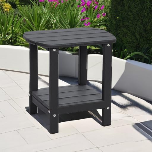 Adirondack Outdoor Side Table, 16.5” HDPE Small Patio Table with Storage Shelf, Weather Resistant End Table for Porch, Pool & Yard (Black)