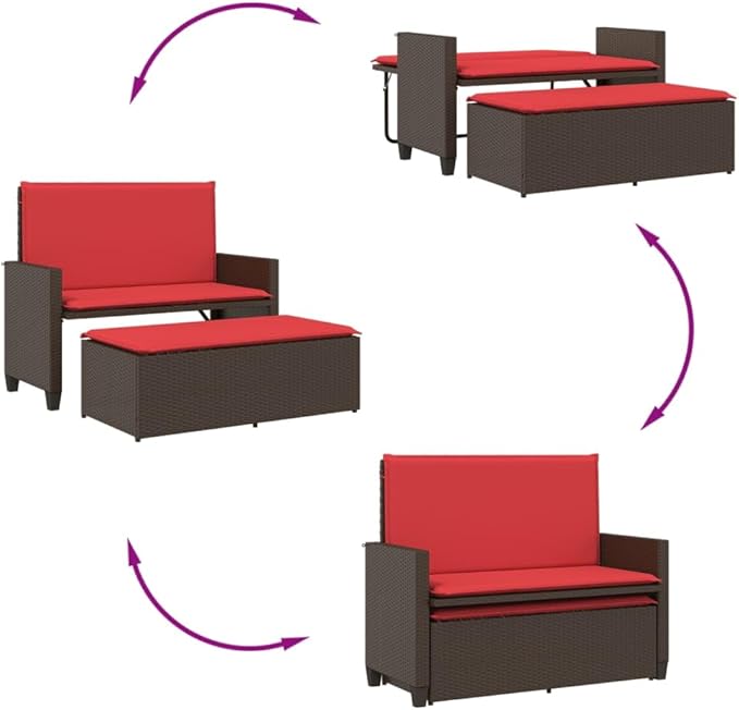 Patio Bench with Cushions and Footstool Brown Poly Rattan Garden Bench Park for Garden Lawn