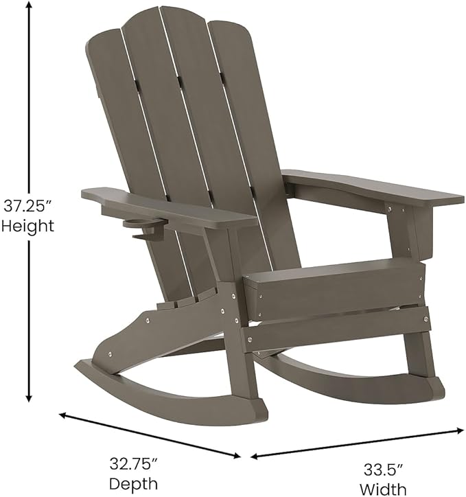 Flash Furniture Newport Adirondack Rocking Chairs with Cup Holder, Weather Resistant Poly Resin Adirondack Rocking Chairs, Set of 2, Brown