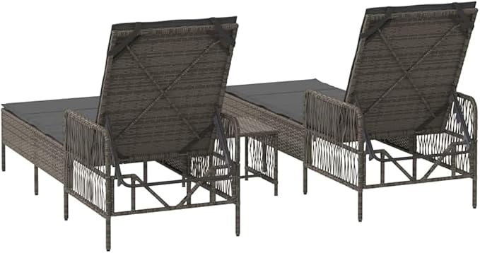3 Piece Grey Poly Rattan Sun Lounger Set with Adjustable Backrest 78.74 x 21.65 x 36.22 in Modern Patio Lounge Chairs Outdoor Chaise for Garden Poolside Terrace
