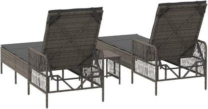 3 Piece Grey Poly Rattan Sun Lounger Set with Adjustable Backrest 78.74 x 21.65 x 36.22 in Modern Patio Lounge Chairs Outdoor Chaise for Garden Poolside Terrace