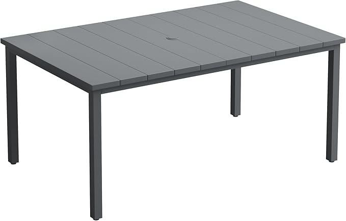 VICLLAX Outdoor Patio Dining Table for 6, 63" Rectangle Dining Table with Umbrella Hole for Porch, Backyard, Garden, Deck, Dark Grey