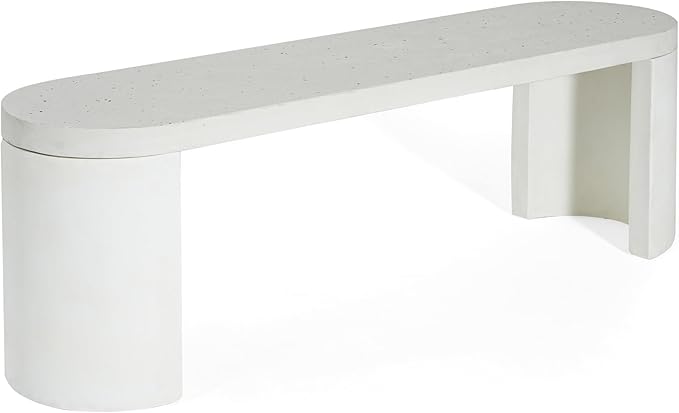 Christopher Knight Home Duro Durable Concrete Outdoor Bench with Modern White Terrazzo Effect, Outdoor Dining Chair, Oval Garden Bench with Pedestal Base, Extra Seating for Patio/Balcony, White